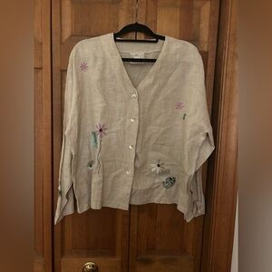 Play Alegre Women's L Bohemian Floral Tan Hand Painted Long-Sleeve Linen Blouse